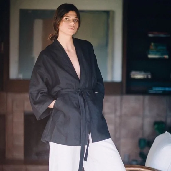 🚀SOLD ON INSTA🚀 Ozma Of California Black Linen Jacket/Robe -MED- Deiji Studios - Picture 2 of 11